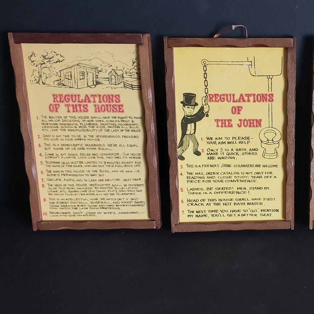 VINTAGE MIDCENTURY 1950s KITSCH Regulations of This.. Rules Sign Framed Set of 4